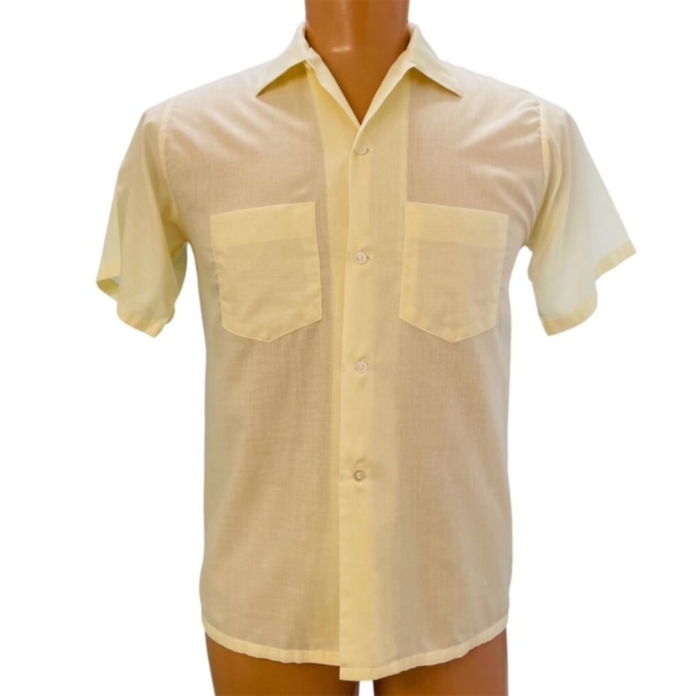 Vintage 1970s Brent Button Front Shirt Sz S Rockabilly Pastel Buttercream Yellow
